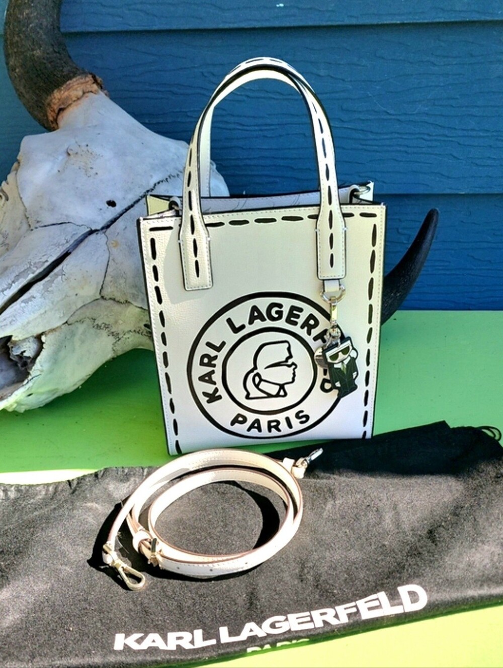 Karl Lagerfeld Paris Nouveau SmTote Crossbody White Black Sketch Harlow Leather